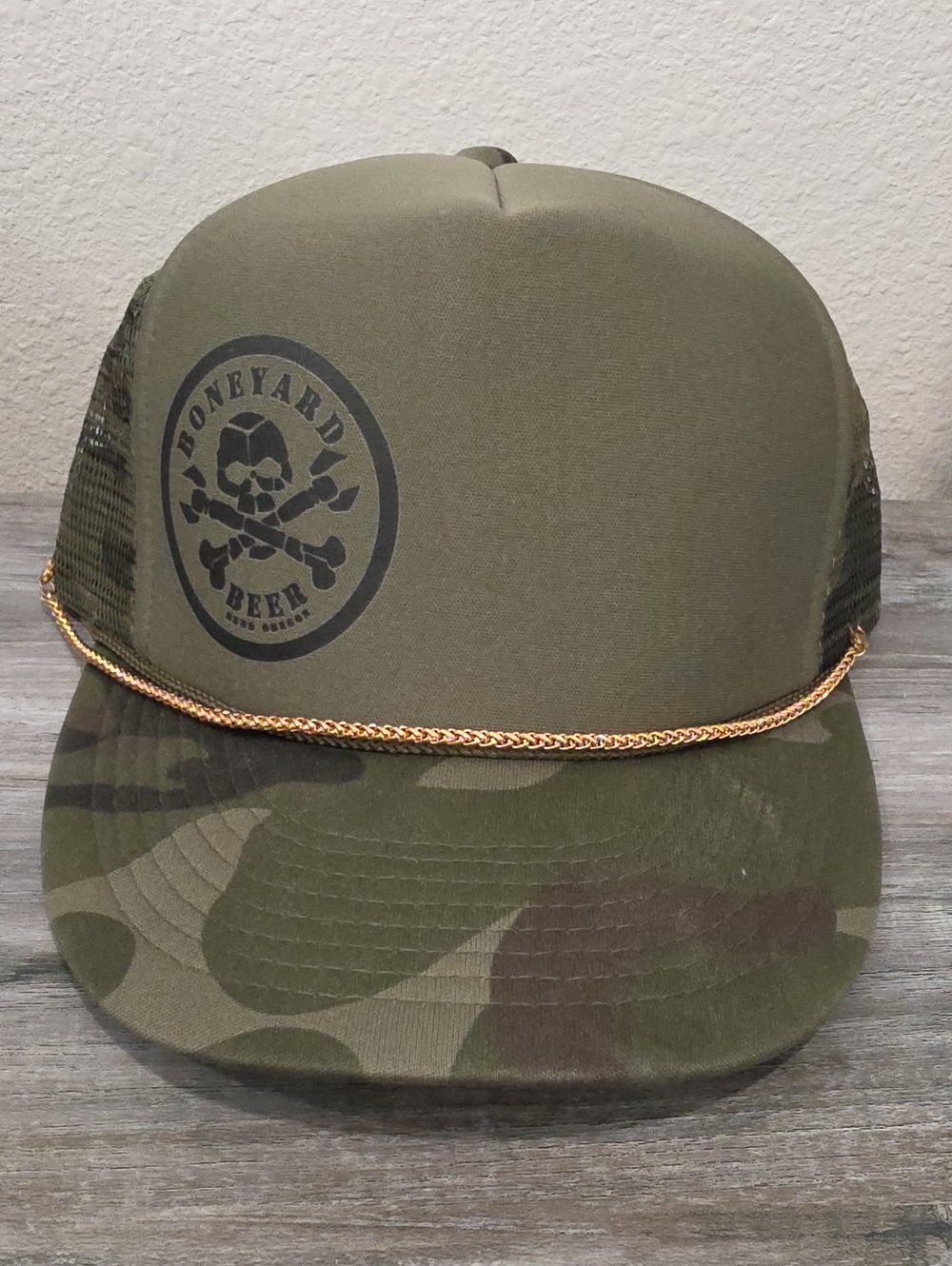 Boneyard Brewery Bend Oregon Camo Trucker Hat with Gold Hat Chain